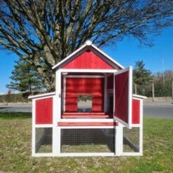 Poulailler Deluxe Rouge Toit Shingle Vert 10 à 12 Poules V3.0 -Volaille Magasin poulailler deluxe rouge toit vert 12 poules vue arriere ouvert